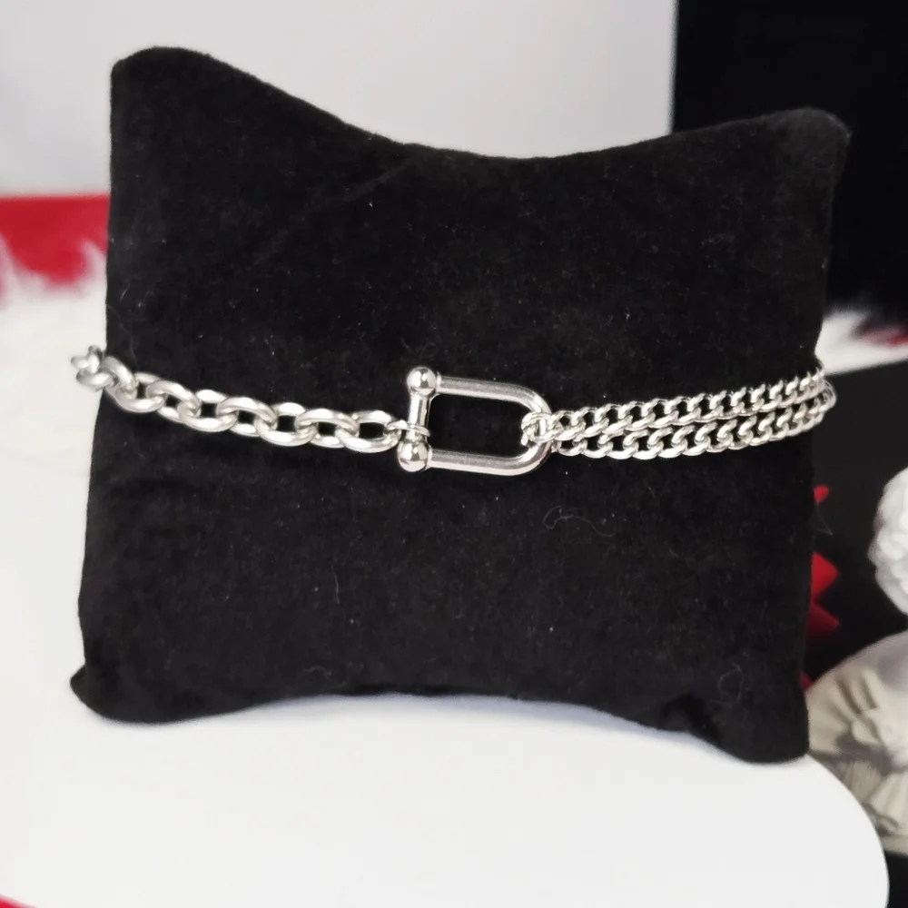 Horsebit Buckle Link Bracelet Stainless Steel Double Chain Equestrian Shackle